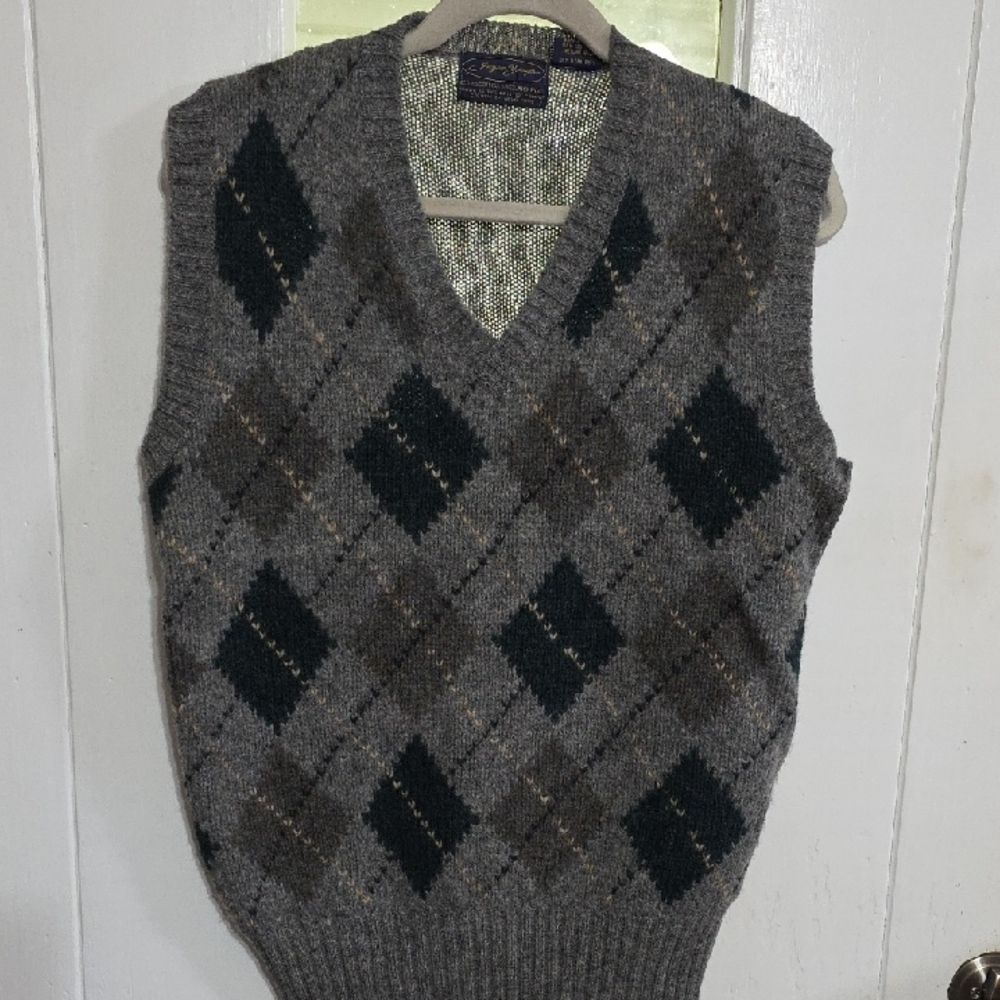 VTG Jayson Younger Mens 100% Scottish‎ Shetland Wool Vest Gray Argyle Sz M EUC